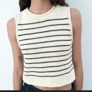 Zara Top Women Black Striped Knit Sleeveless Rolled Hem Cropped Size M Casual